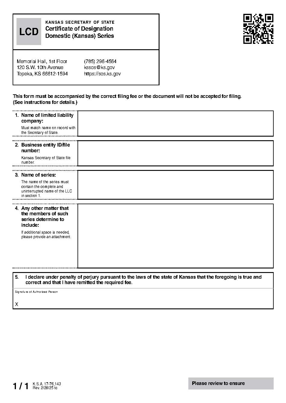 Series Limited Liability Company Certificate Of Designation [LCD} | Pdf Fpdf Docx | Kansas